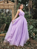 Elegant Scoop Neck Floral Applique Bodice Tulle Evening Dress - Elonnashop