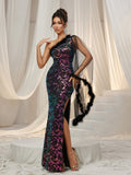 Elegant Sloping Neck Single Tulle Sleeve Graphic Sequin Formal Dress