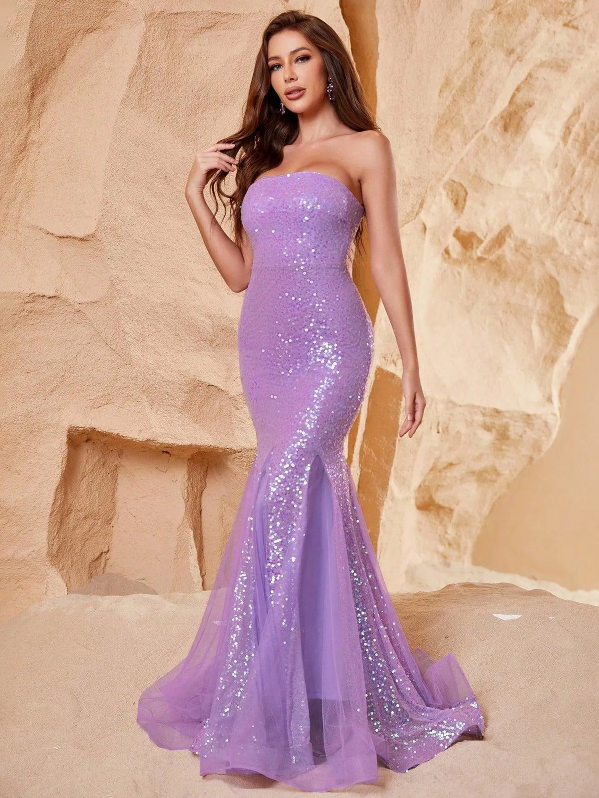 Mesh Insert Mermaid Hem Sequin Formal Prom Dress - Elonnashop