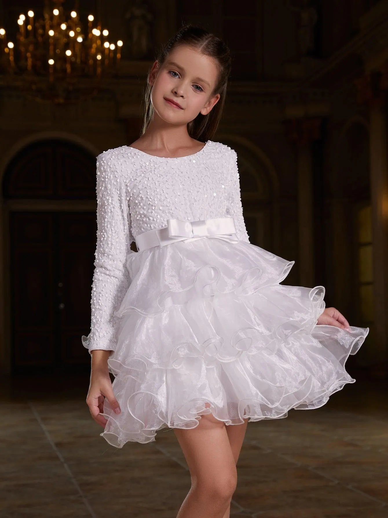 Tween Girls' Sequin Contrast Layered Organza Hem Dress - Elonnashop