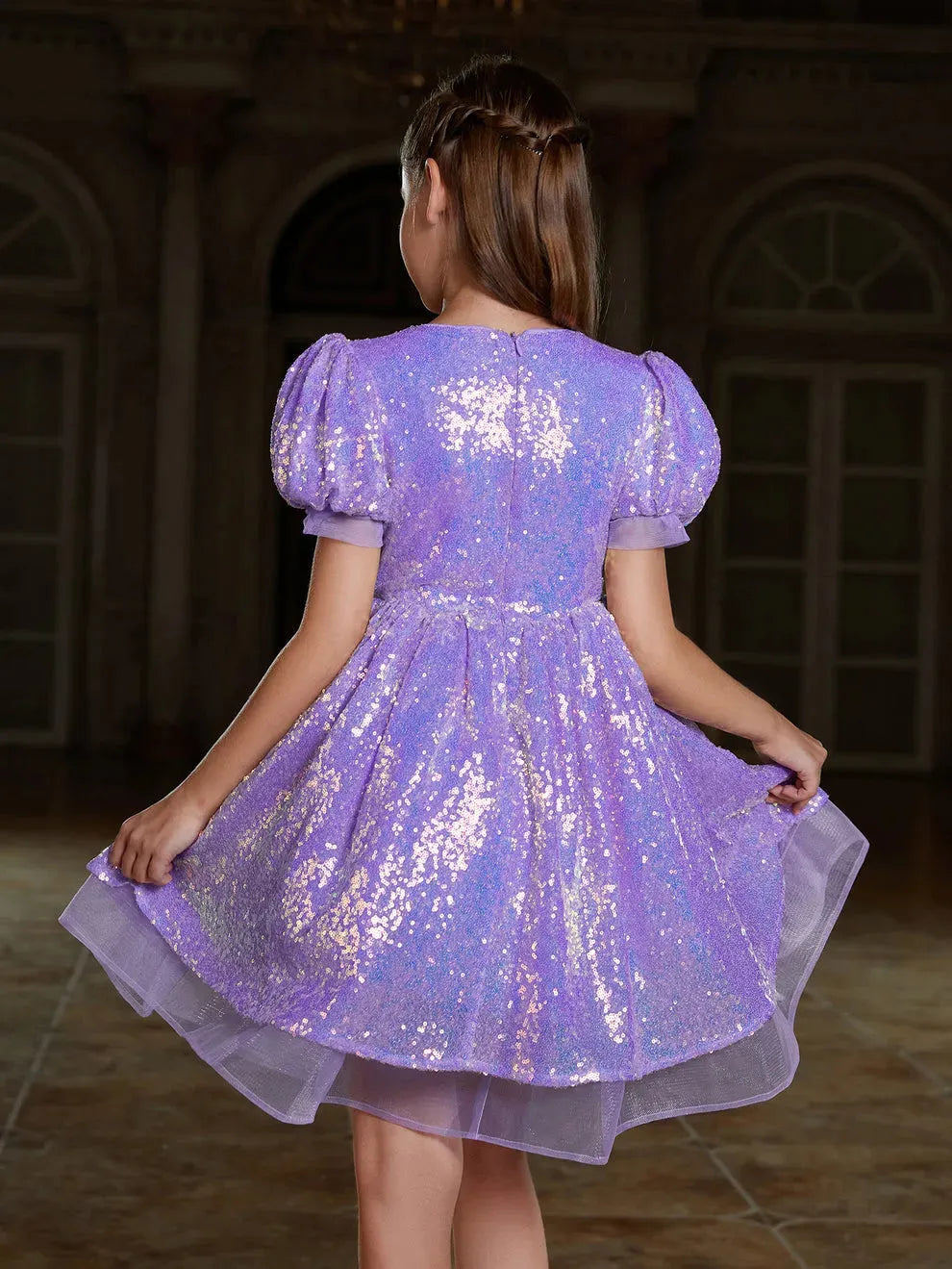 Tween Girls' Cute Bow Front Puff Sleeve Sequin Party Dress