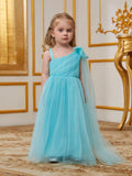 Young Girls' One Shoulder Draped Side Mesh A Line Dress With Bow - Elonnashop