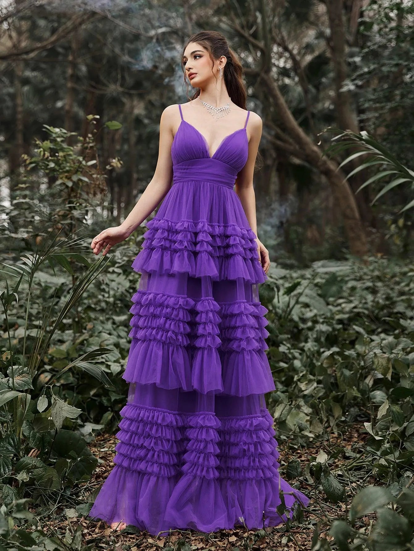 Gorgeous Plunging Neck Tiered Tulle Slip Prom Dress - Elonnashop