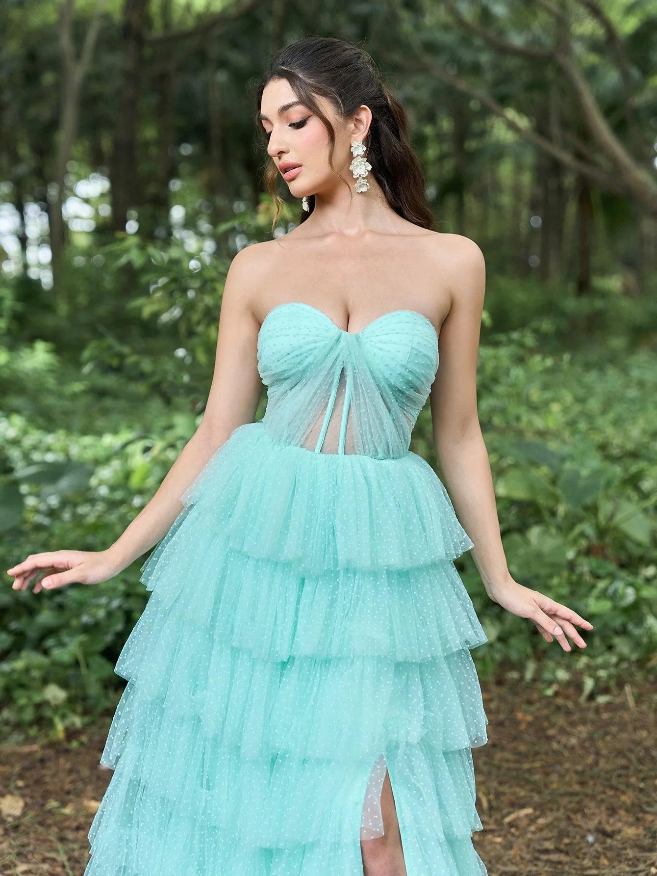 Elegant Ruched Bustier Split Ruffle Layered Hem Prom Tube Dress - Elonnashop