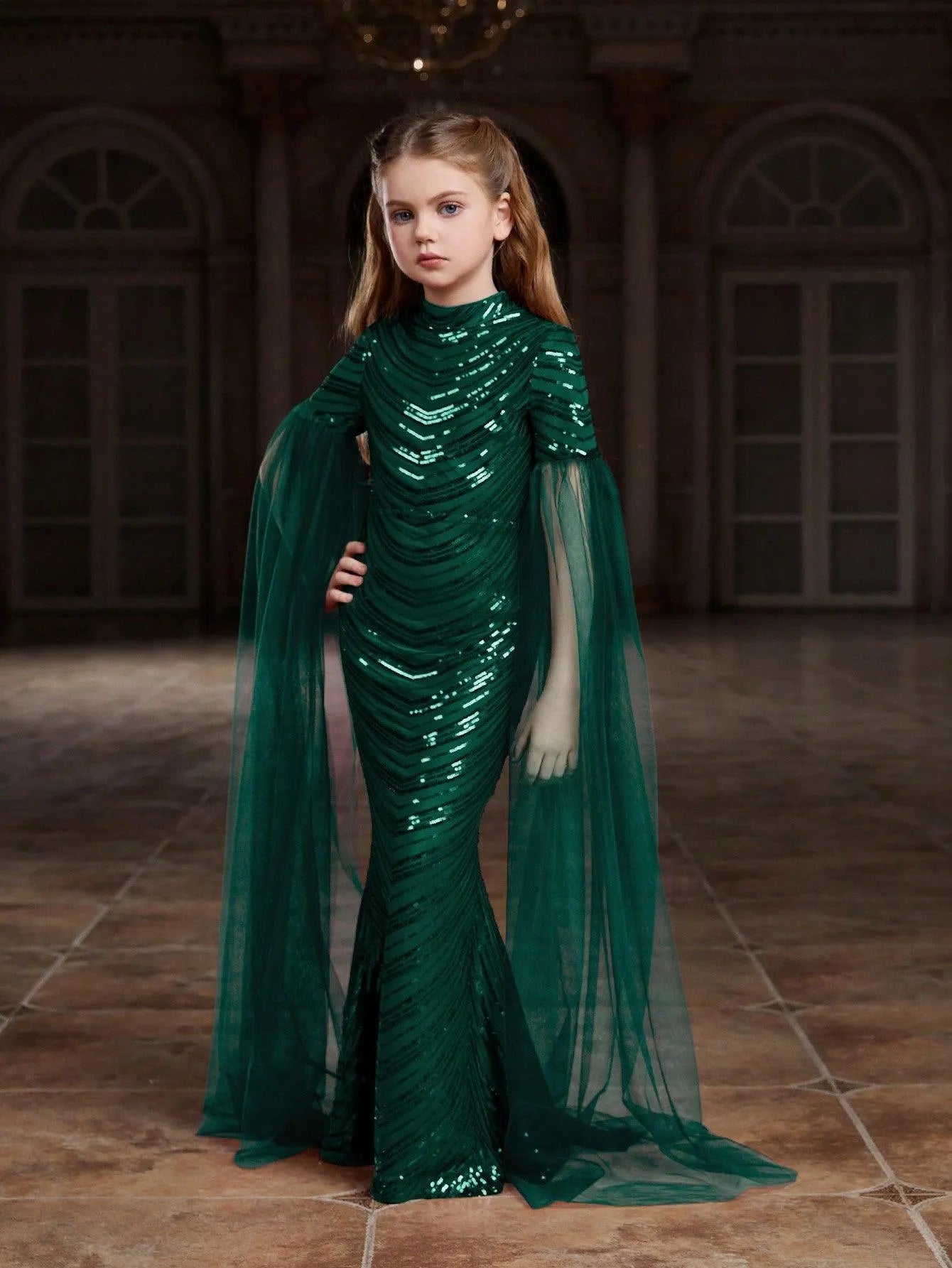 Tween Girls' Cloak Sleeves Sequin Mermaid Dress - Elonnashop