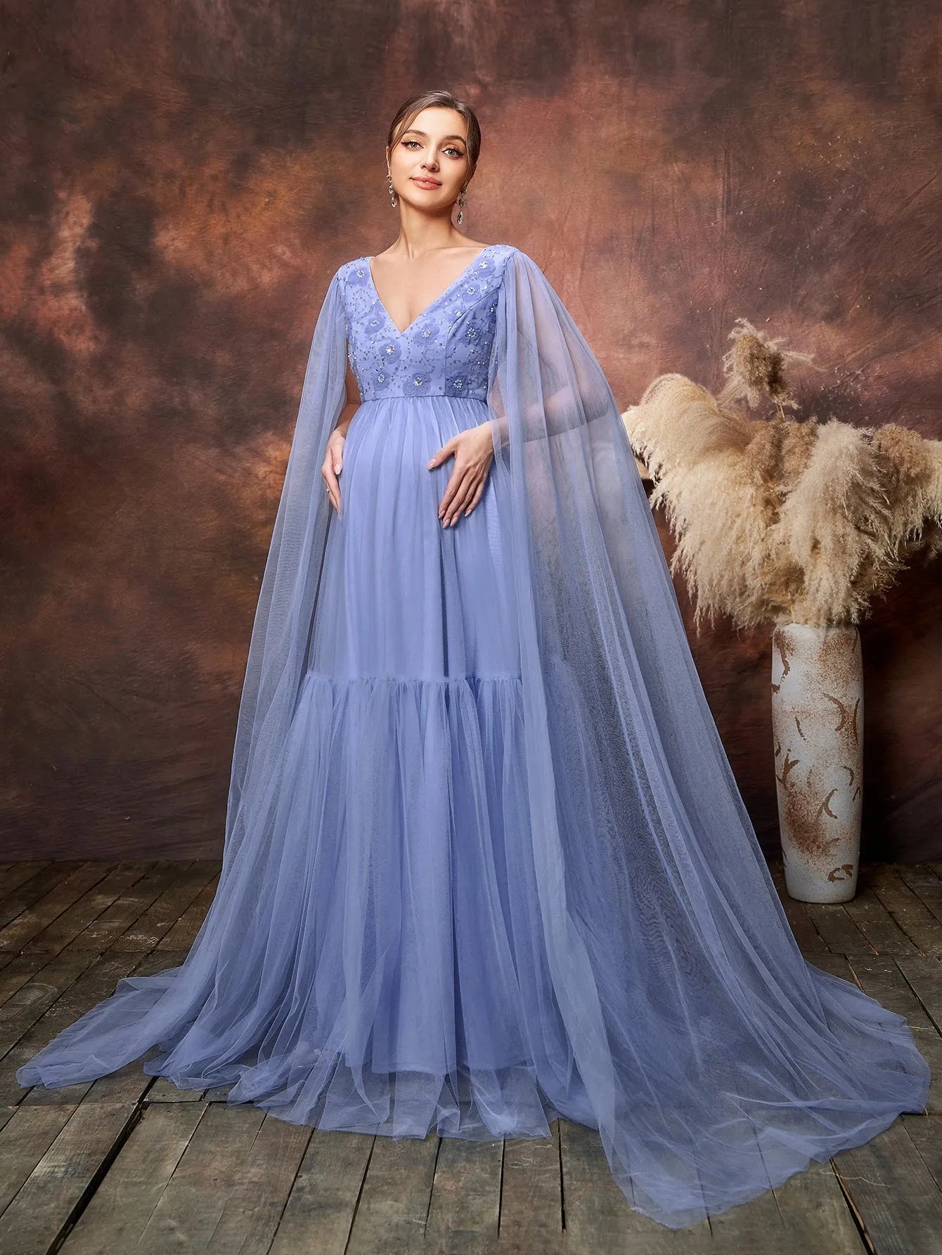 Maternity Plunging Neck Cloak Sleeves Tulle Overlay Party Dress