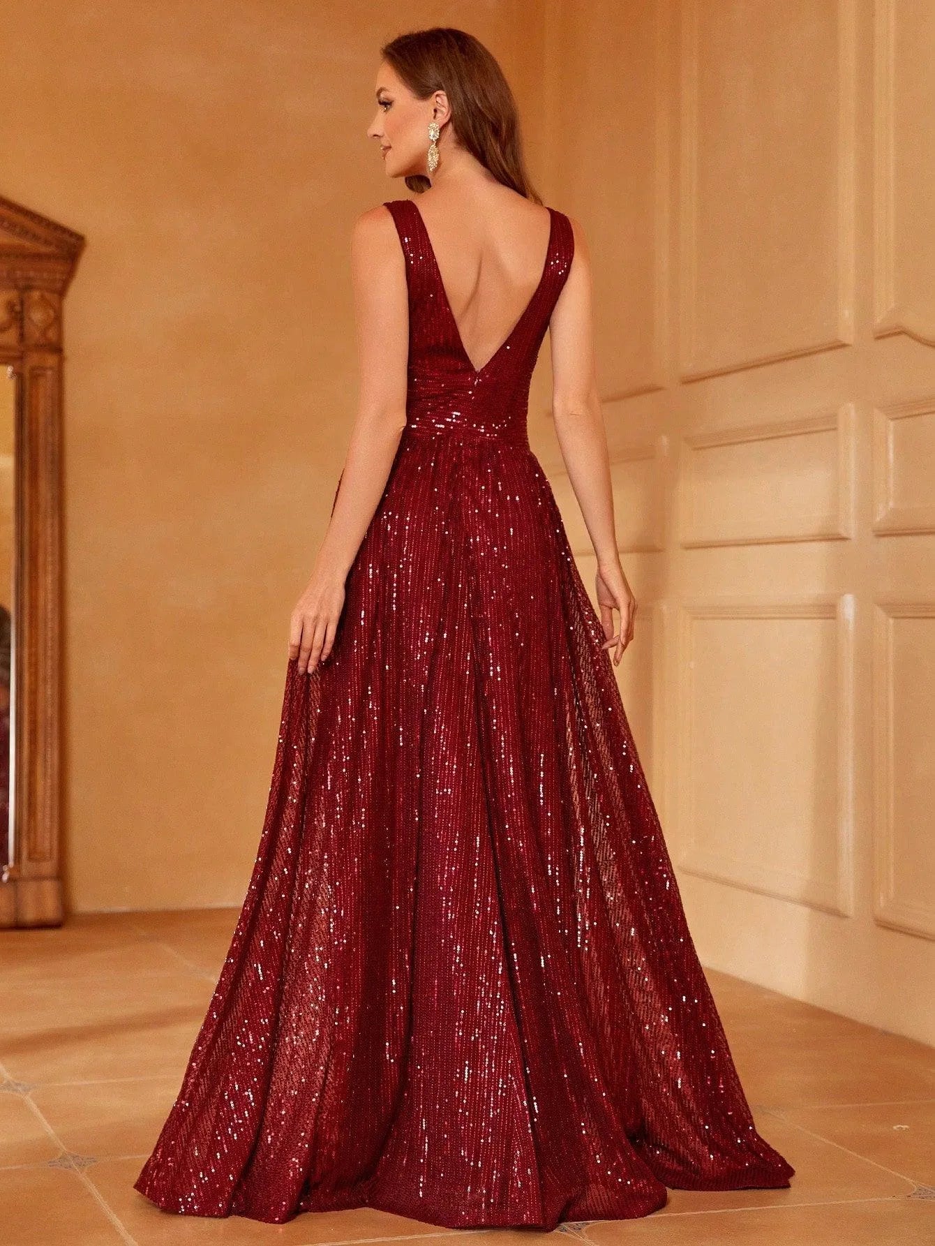 Plunging Neck Backless Sequin A-line Prom Dress - Elonnashop