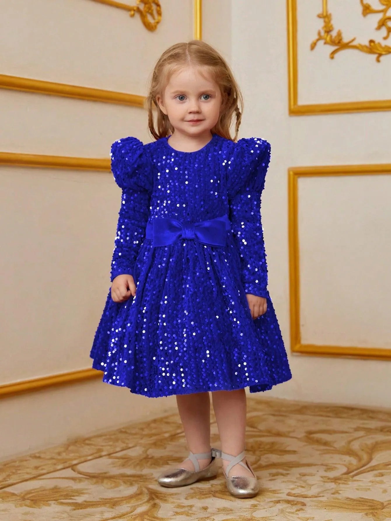 Young Girls' Gigot Sleeve Bow Decor Sequin Midi Dress - Elonnashop