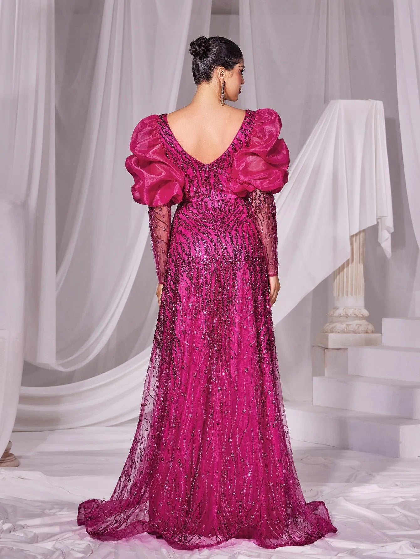 Gorgeous Plunging Neck Gigot Sleeves Maxi Prom Dress - Elonnashop