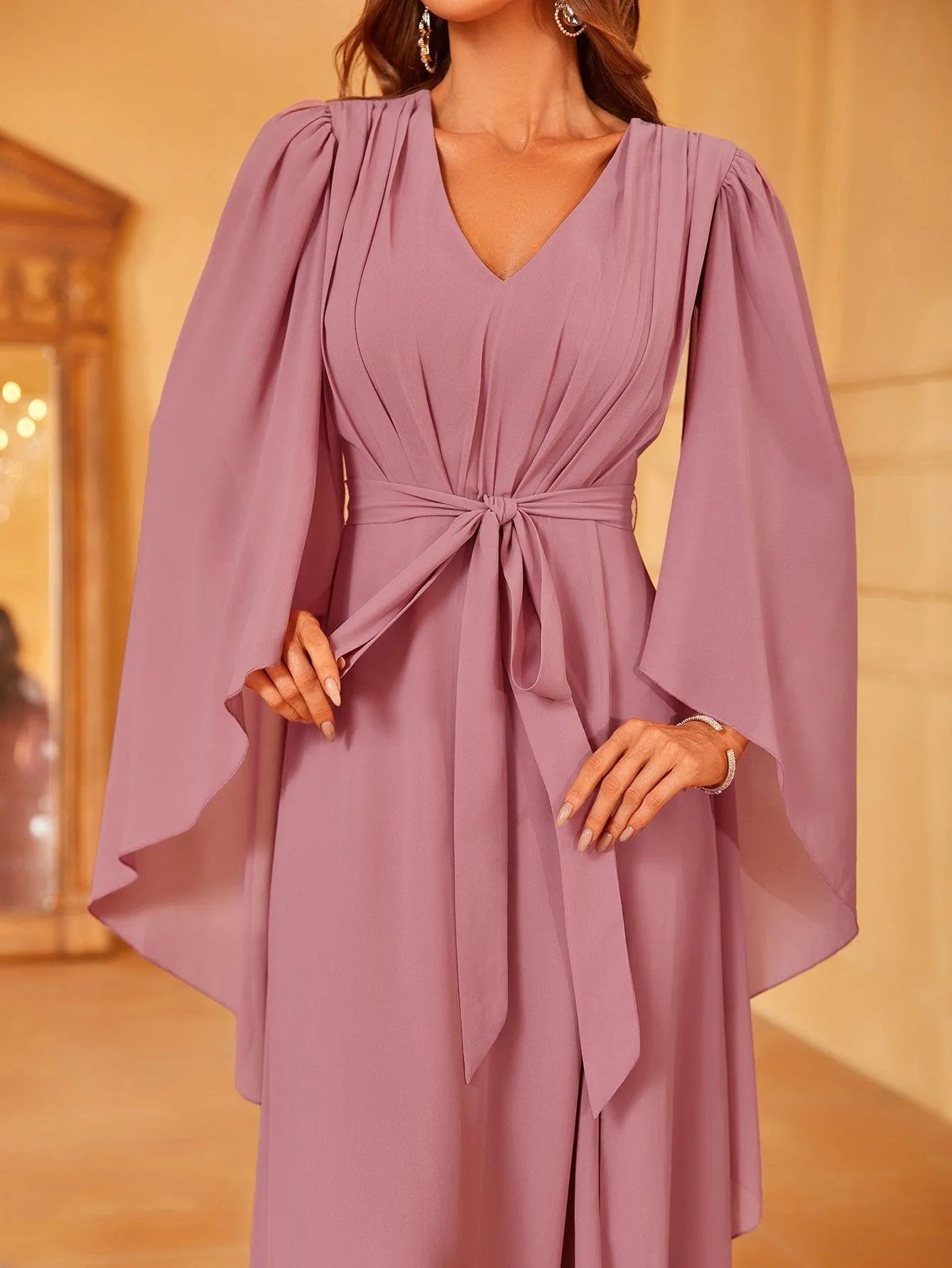 Solid Flounce Sleeve Chiffon Bridesmaid dress - Elonnashop