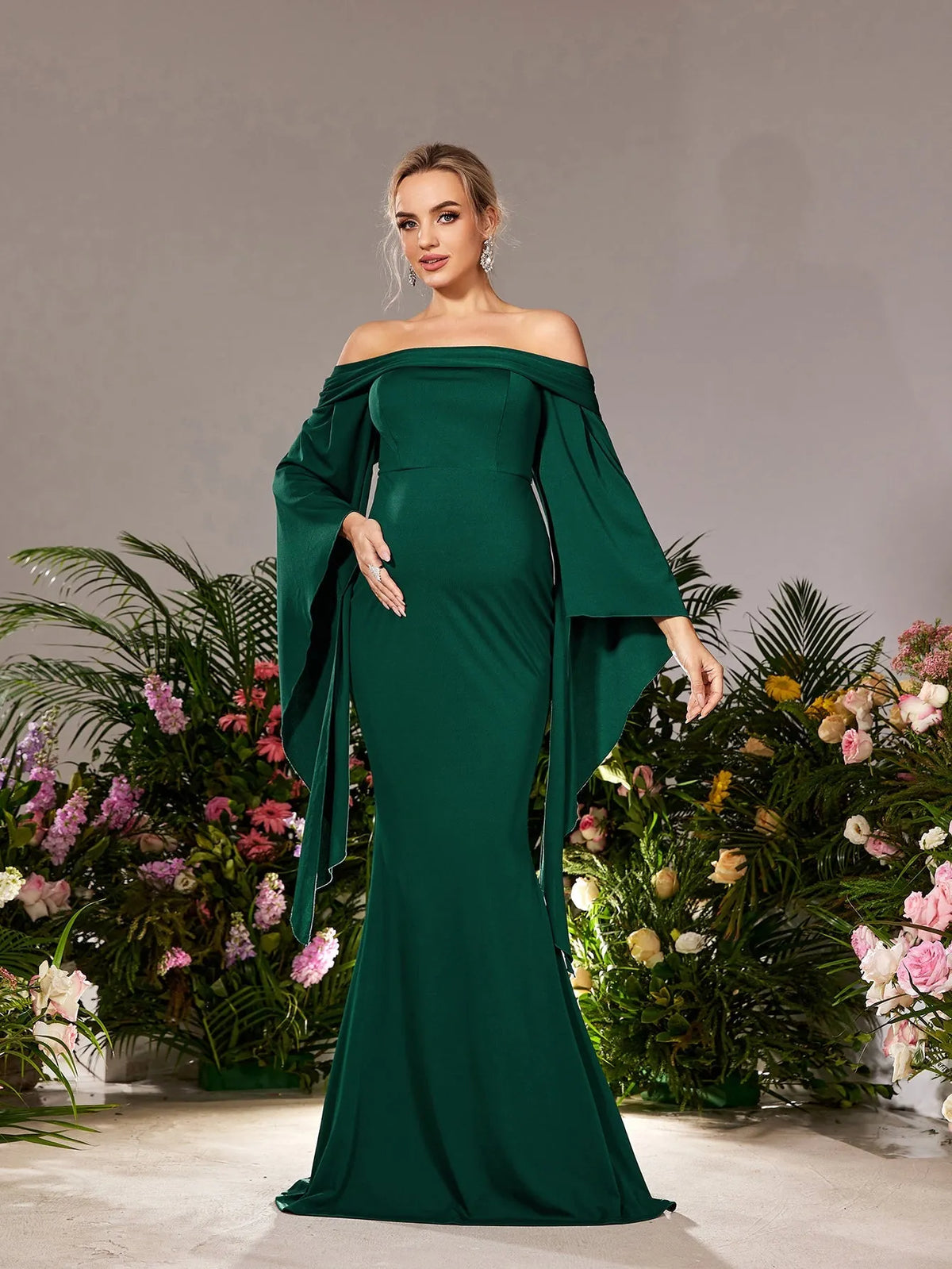 Maternity Off Shoulder Flared Sleeves Mermaid Hem Evening Dress