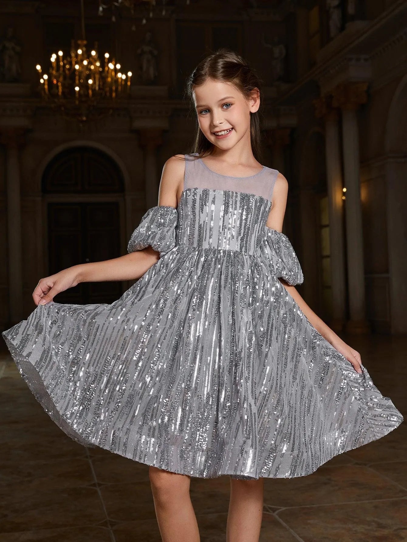 Tween Girls' Puff Sleeve Contrast Mesh Sequin Party Dress - Elonnashop