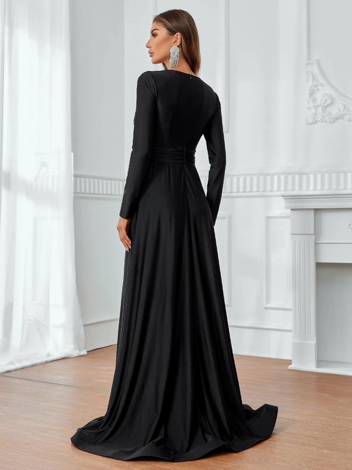 Elegant Plunging Neck Floor Length A Line Dress - Elonnashop