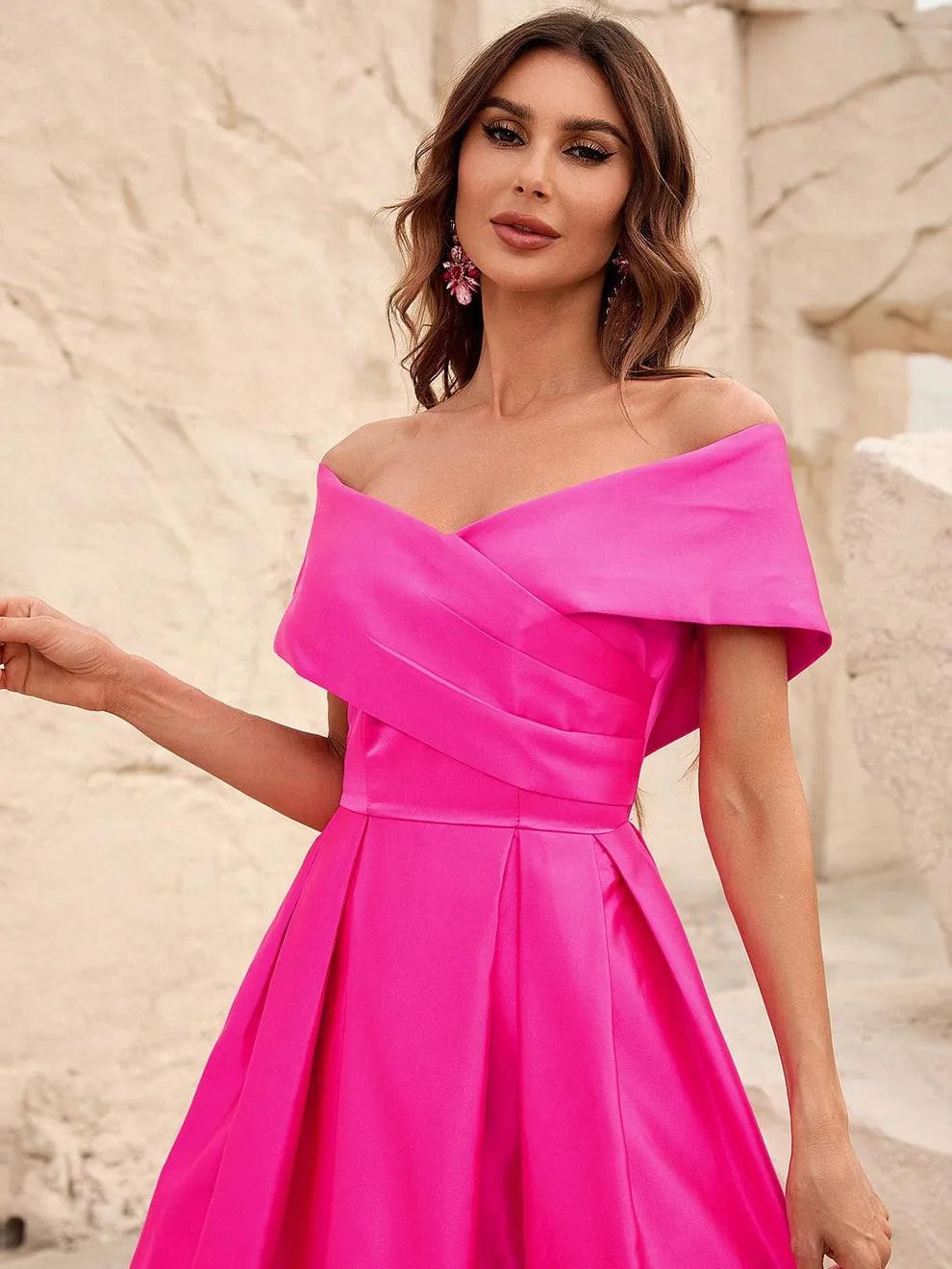 Off Shoulder Fold Pleated Detail Satin A Line Dress - Elonnashop