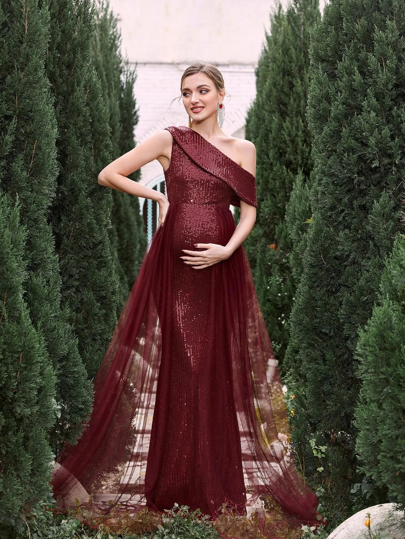 Maternity Sloping Collar Mesh Overlay Sequin Formal Dress - Elonnashop