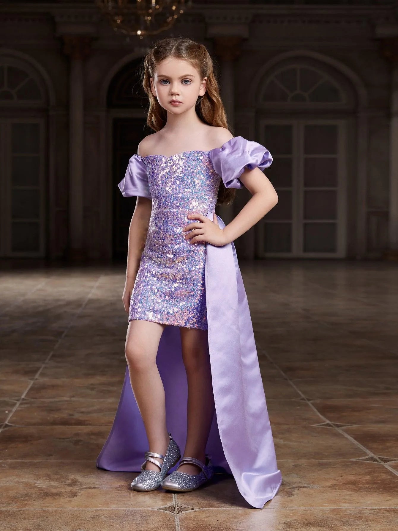 Tween Girls' Off Shoulder Puff Sleeves Satin Overlay Sequin Party Dress - Elonnashop