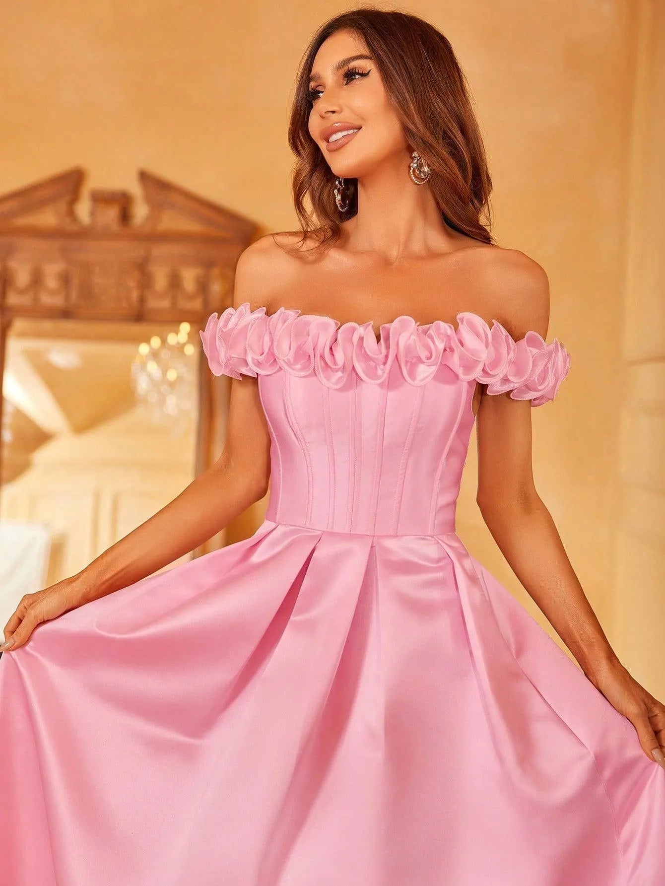 Off Shoulder Ruffle Trim Satin Prom Dress - Elonnashop