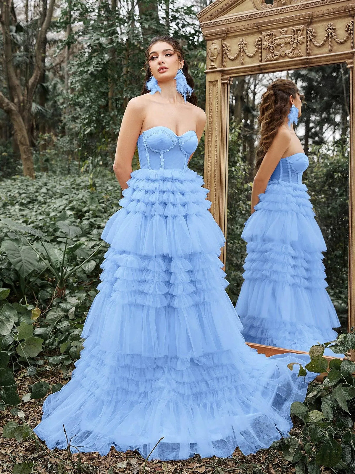 Gorgeous Strapless Cascading Ruffles Hem Tulle Prom Dress - Elonnashop