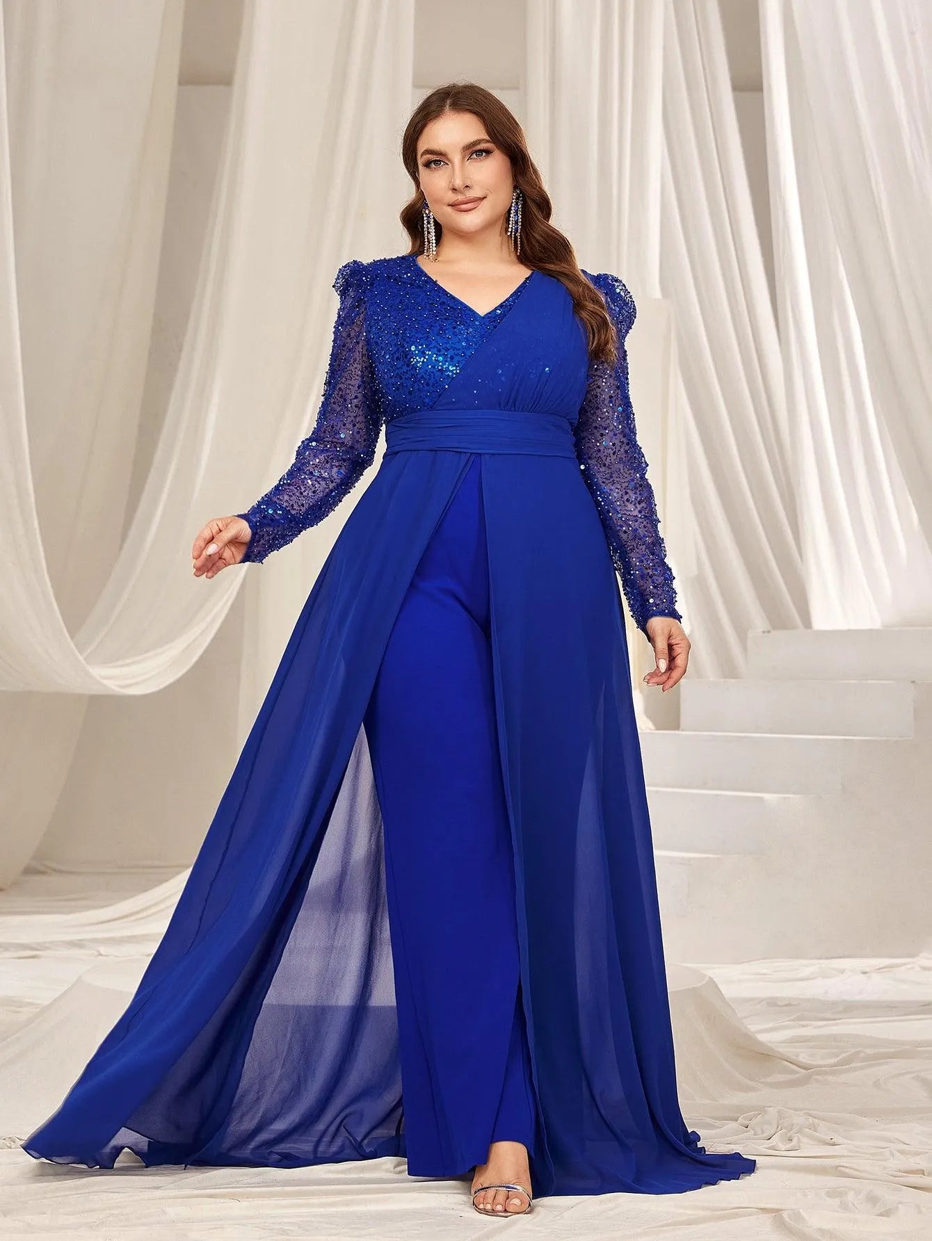 Plus Gigot Sleeves Chiffon Overlay Sequin Prom Jumpsuit - Elonnashop