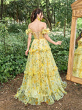 Elegant Ruffle Trim Off Shoulder Floral Tulle Prom Dress - Elonnashop