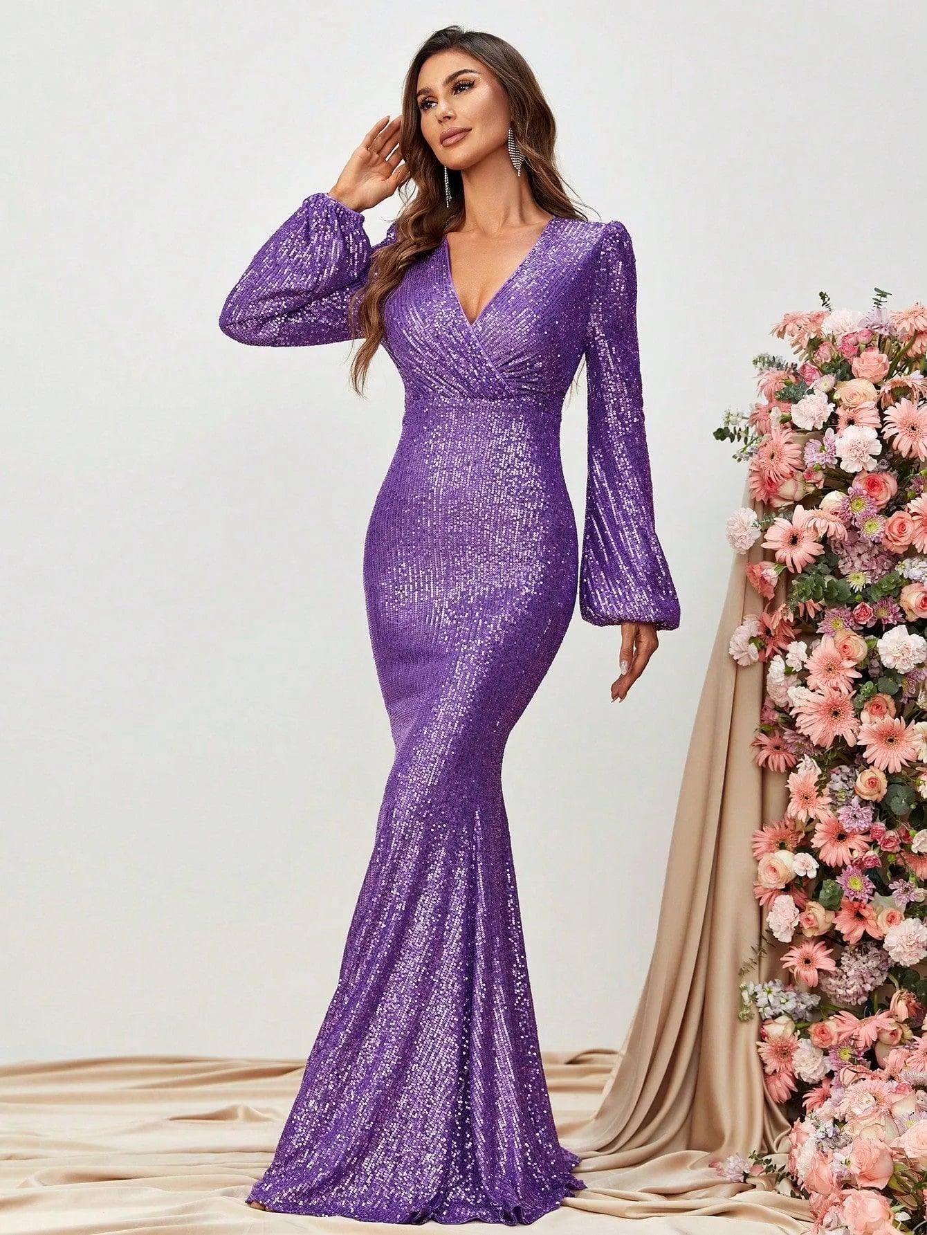 Surplice Neck Lantern Sleeves Sequin Mermaid Dress - Elonnashop