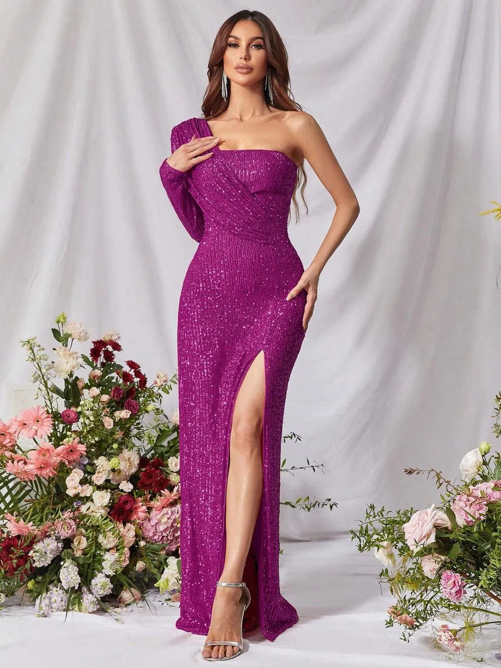 One Shoulder Split Thigh Sequin Formal Dress1