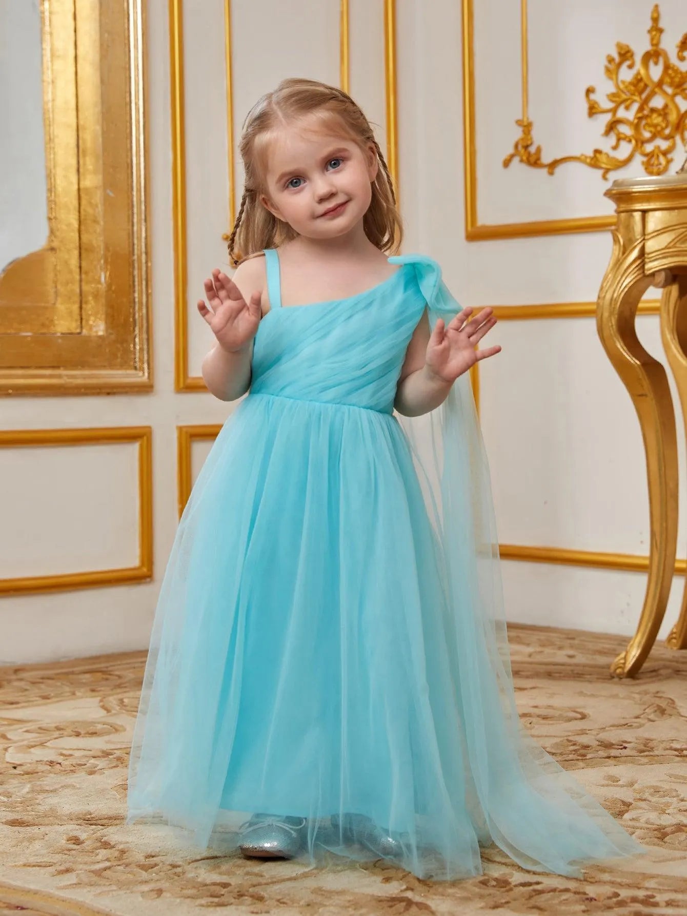 Young Girls' One Shoulder Draped Side Mesh A Line Dress With Bow Elonnashop Young Girls' One Shoulder Draped Side Mesh A Line Dress With Bow Elonnashop