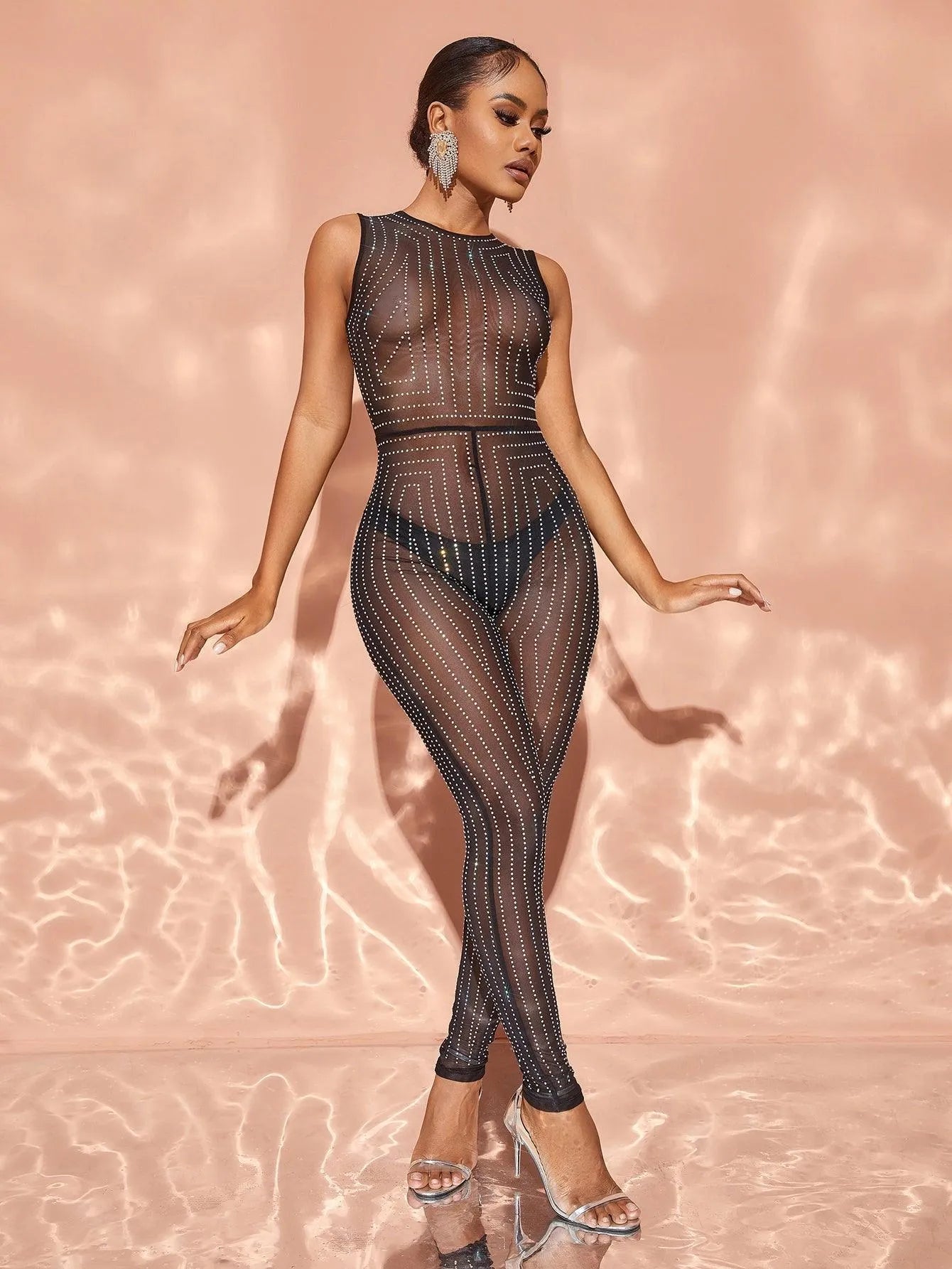 Chic Rhinestone Detail Sleeveless Sheer Mesh Jumpsuit - Elonnashop