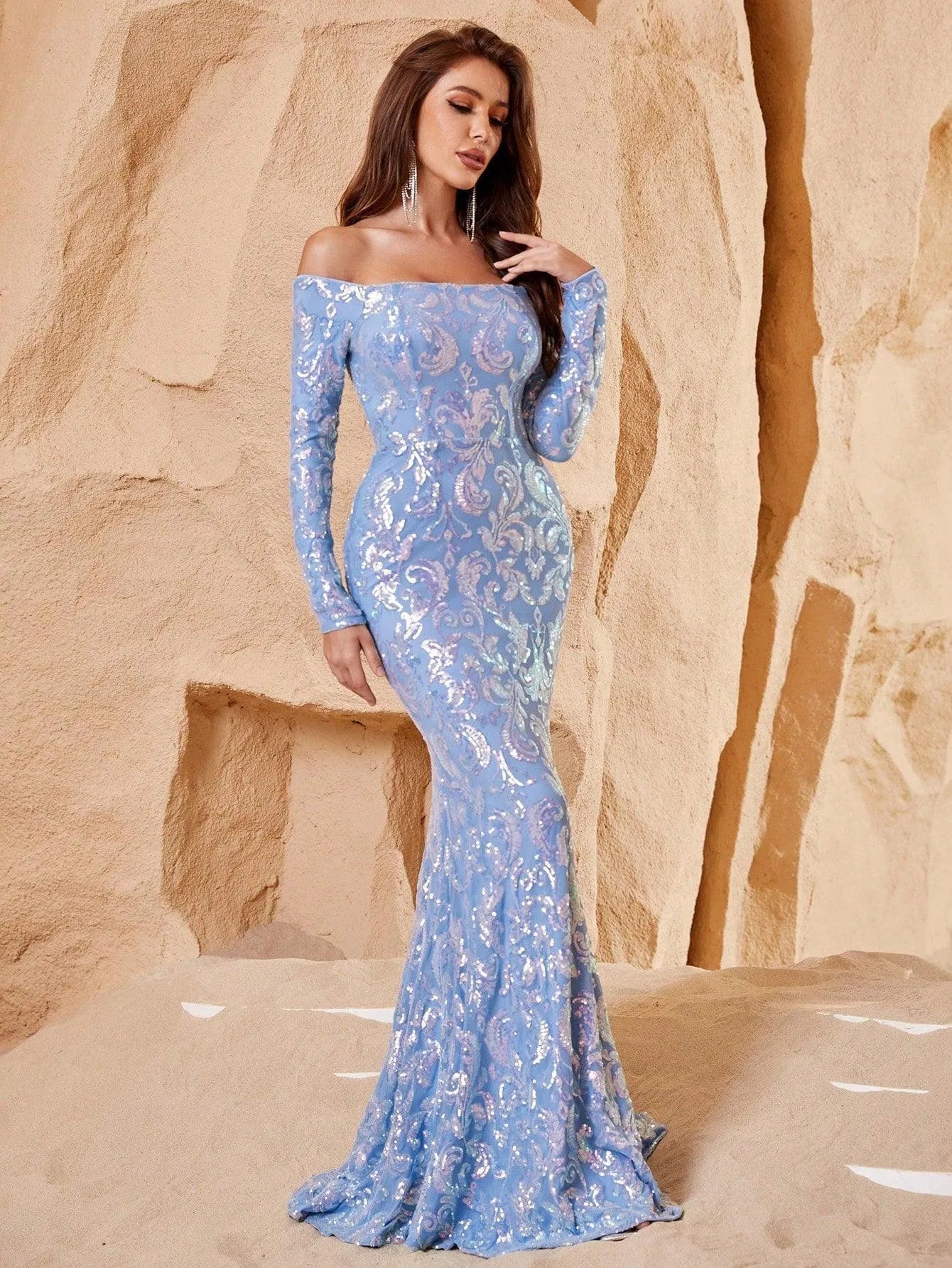 Off Shoulder Long Sleeve Mermaid Prom Dresses - Elonnashop