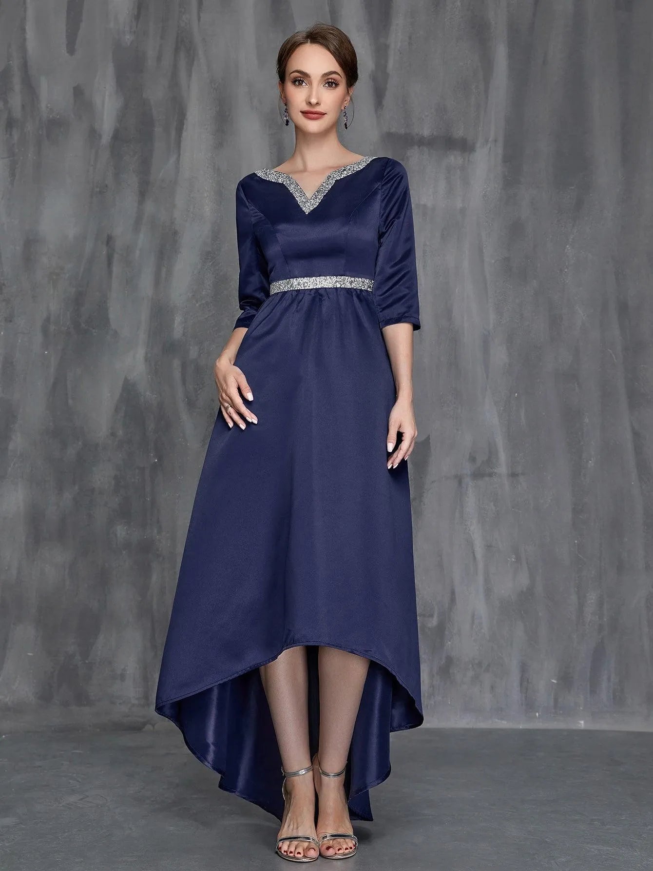 Womens' Notched Neck High Low Hem Satin Formal Dress - Elonnashop