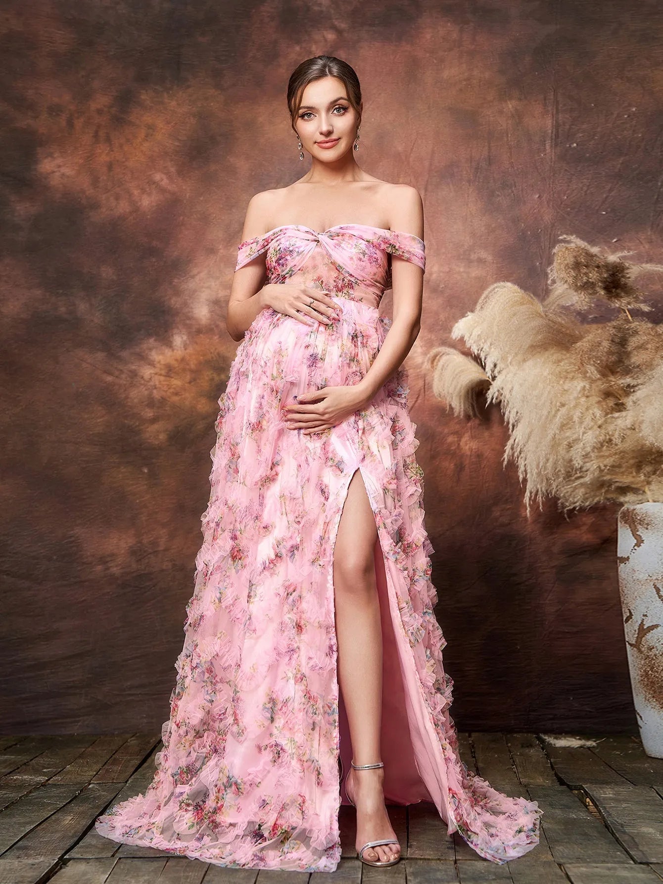 Maternity Off Shoulder Ruffle Trim Split Floral Mesh Party Dress Pink / XL Maternity Off Shoulder Ruffle Trim Split Floral Mesh Party Dress Pink / XL