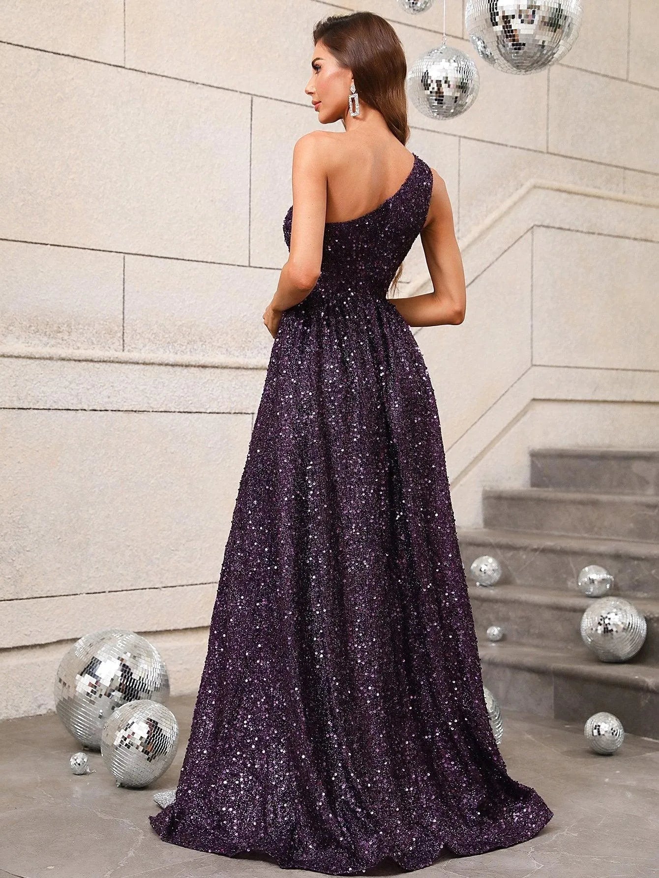 Elegant One Shoulder Sleeveless Sequin A Line Dresses - Elonnashop