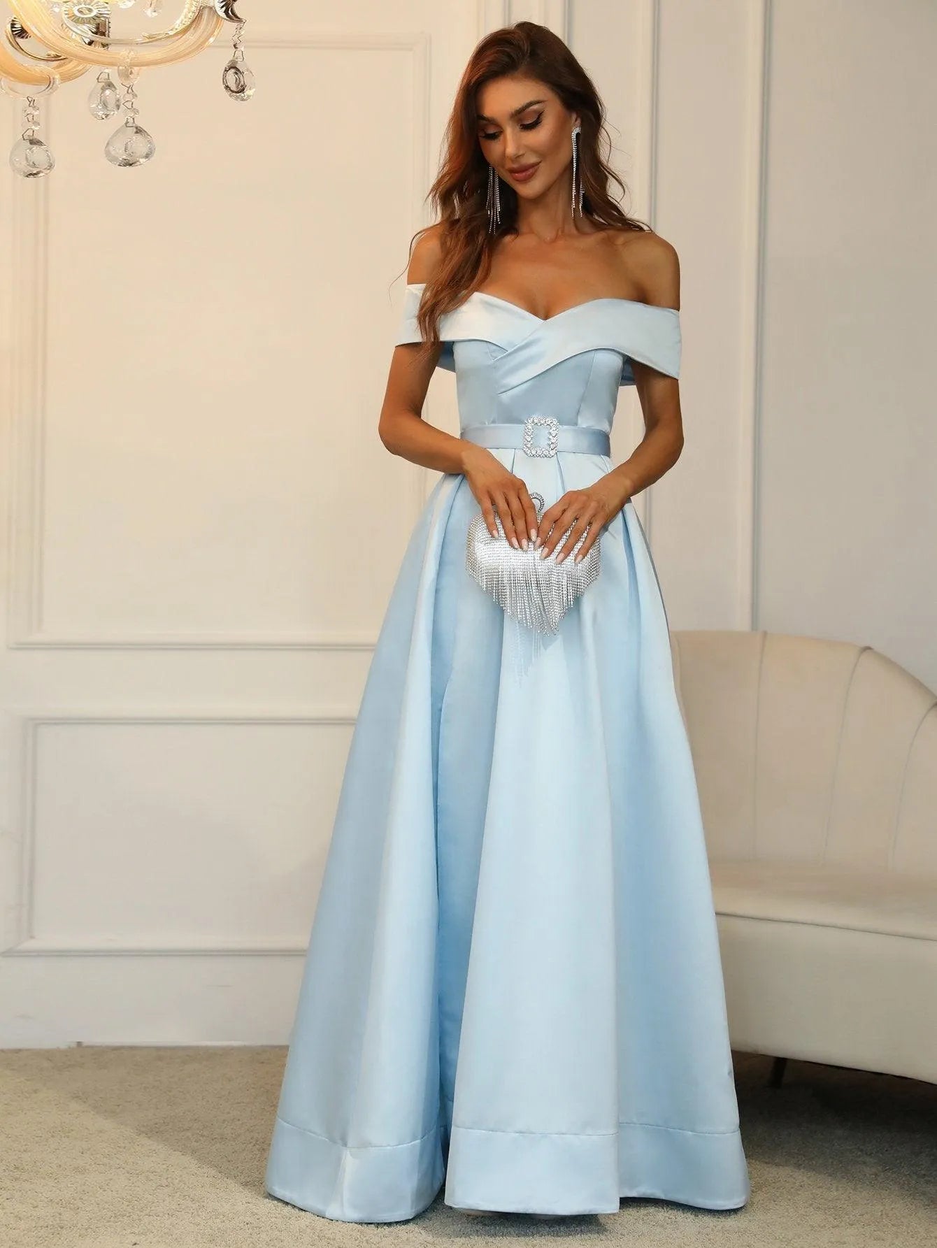 Off Shoulder Buckle Belted Satin Ball Gown - Elonnashop