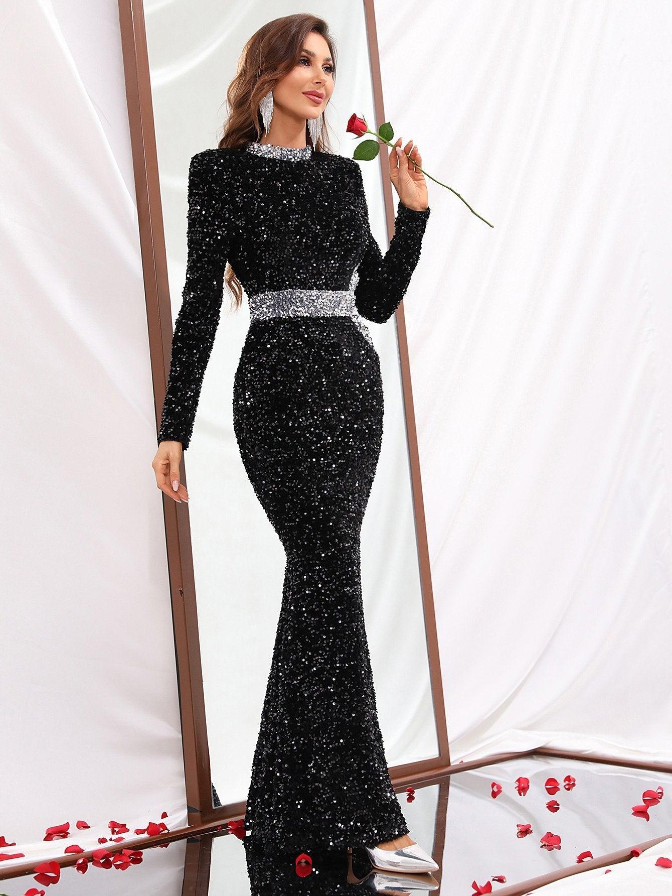 Elegant Mock Neck Long Sleeve Sequin Mermaid Dresses - Elonnashop