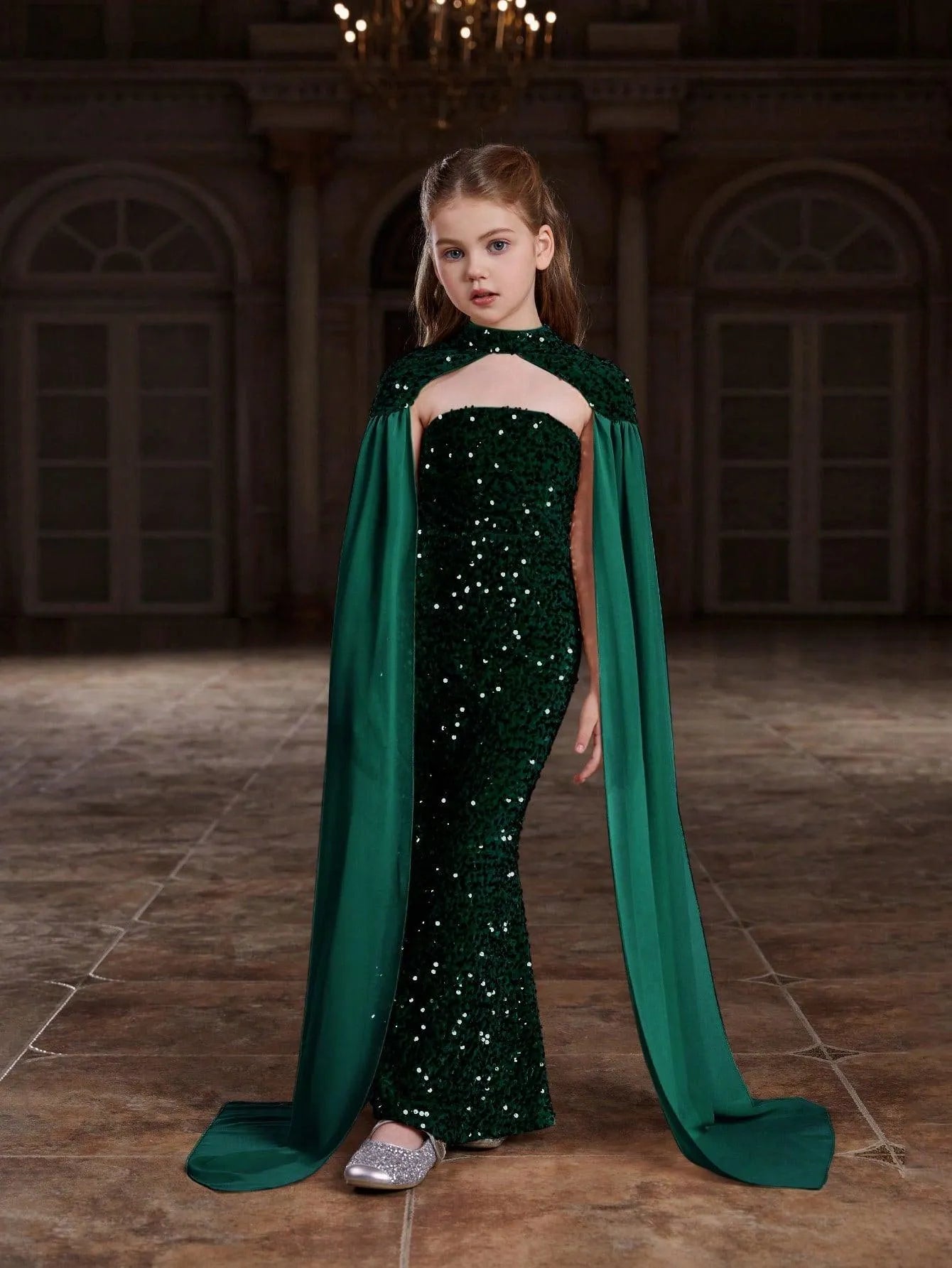 Tween Girls' Sequin Tube Party Dress Removable Cape Dark Green / 9Y Tween Girls' Sequin Tube Party Dress Removable Cape Dark Green / 9Y