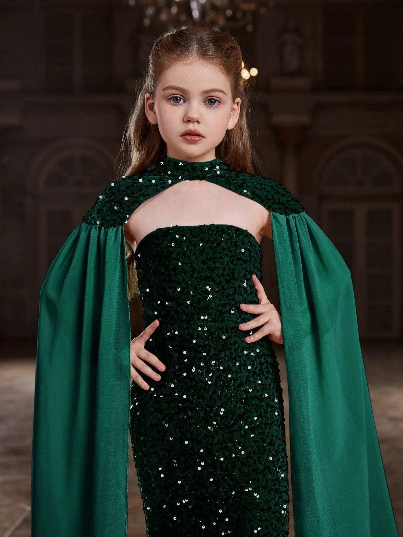 Tween Girls' Sequin Tube Party Dress Removable Cape Dark Green / 9Y Tween Girls' Sequin Tube Party Dress Removable Cape Dark Green / 9Y
