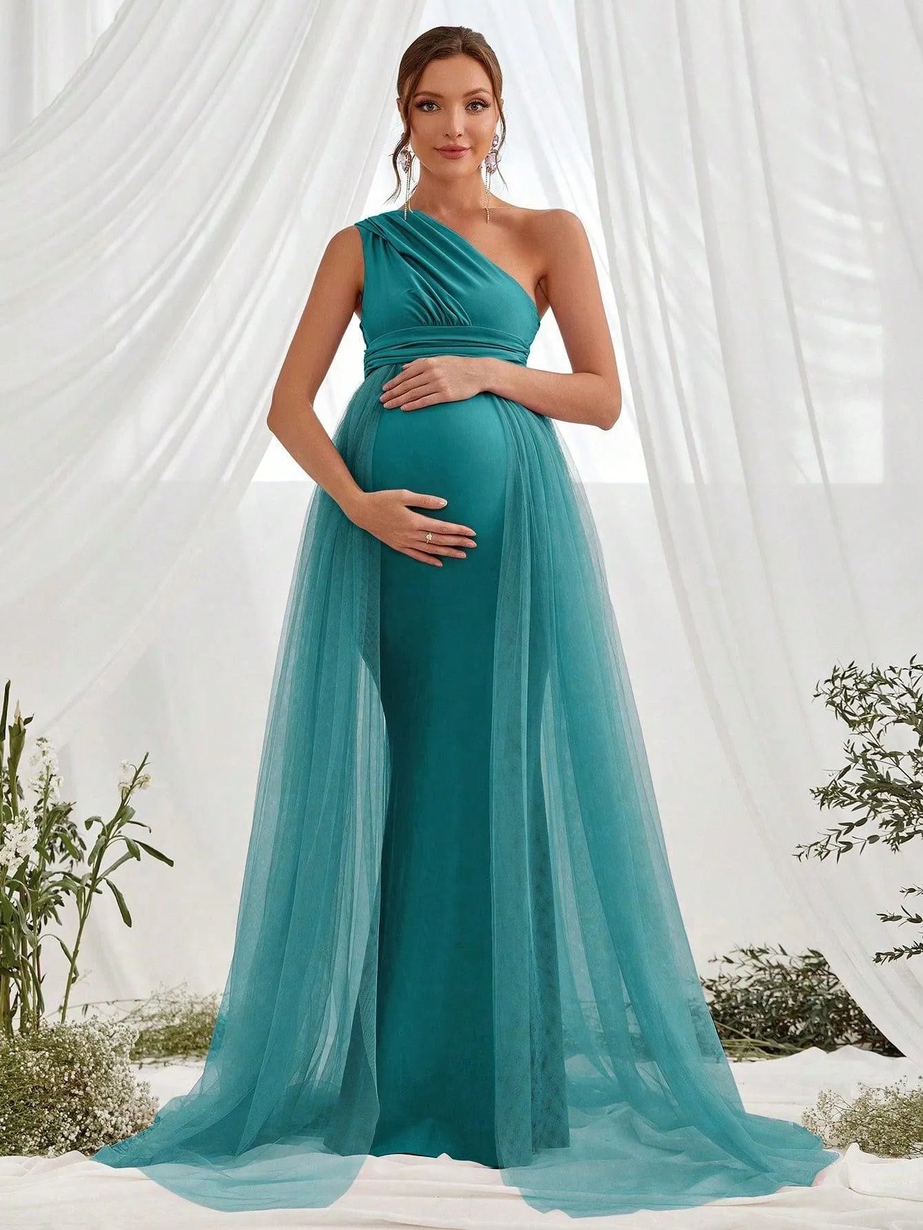 Maternity One Shoulder Contrast Mesh Mermaid Prom Dress - Elonnashop