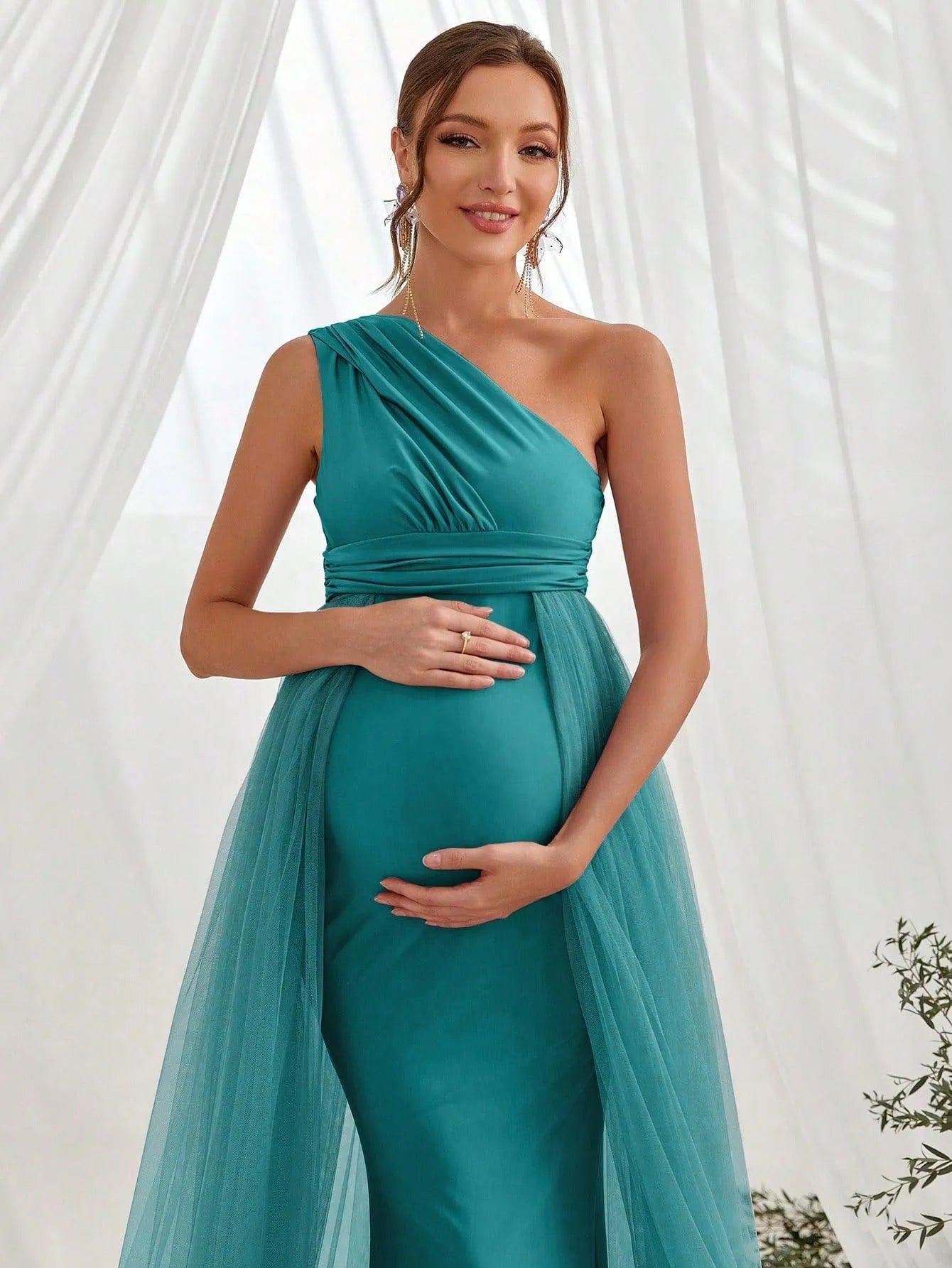 prom dresses for pregnant women Maternity One Shoulder Contrast Mesh Mermaid Prom Dress – Elonnashop