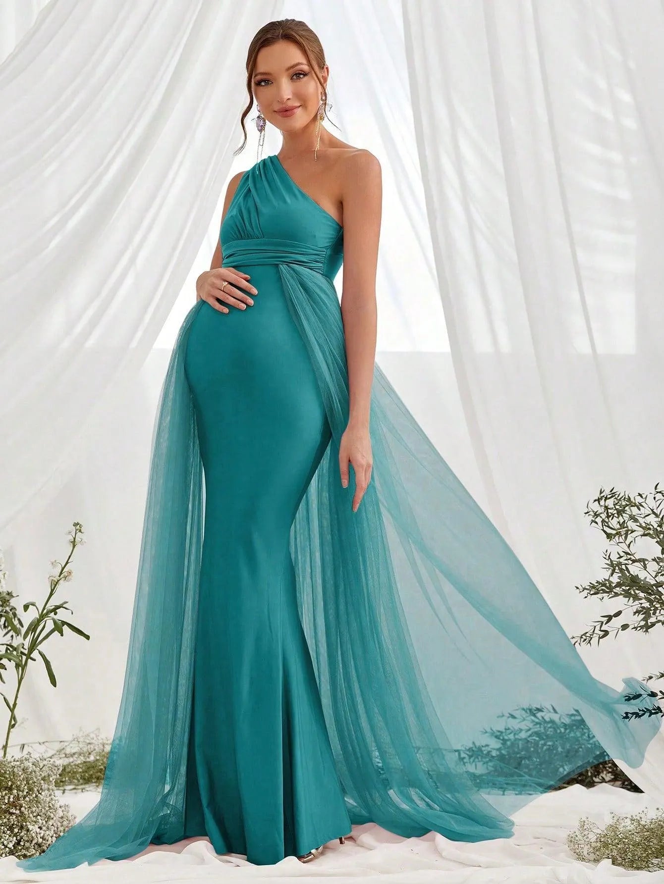 Maternity One Shoulder Contrast Mesh Mermaid Prom Dress Elonnashop Maternity One Shoulder Contrast Mesh Mermaid Prom Dress Elonnashop