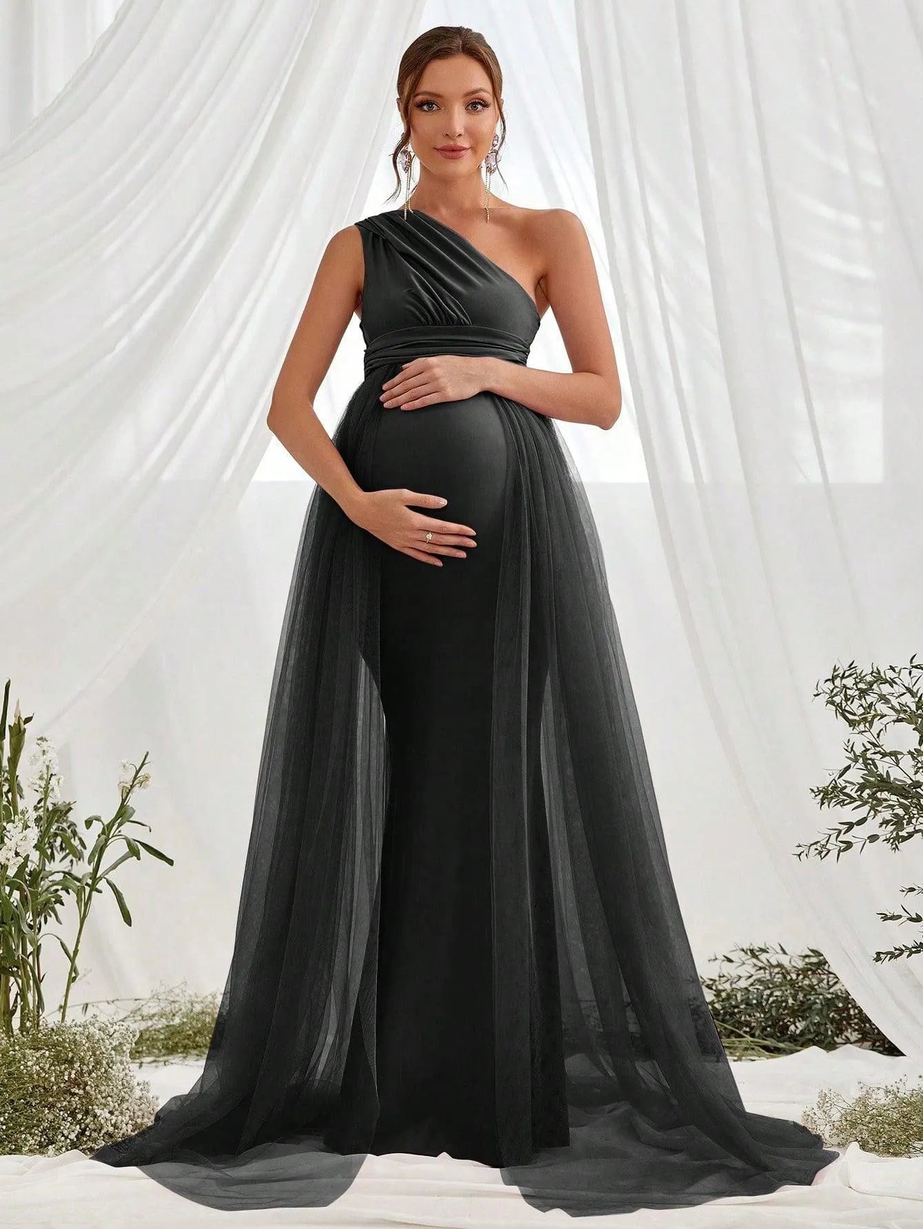 Maternity One Shoulder Contrast Mesh Mermaid Prom Dress - Elonnashop