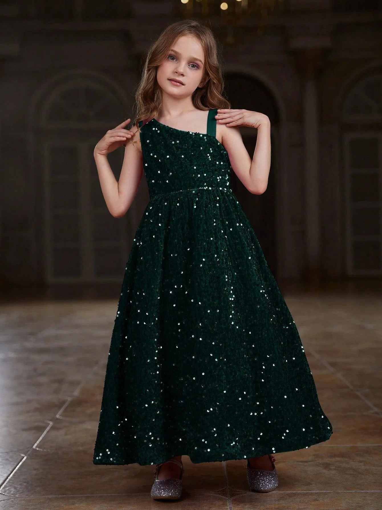 Tween Girls' Asymmetrical Neckline Sleeveless Sequin Party Dress - Elonnashop