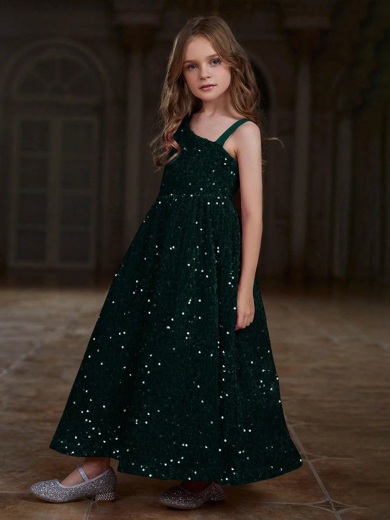 Tween Girls' Asymmetrical Neckline Sleeveless Sequin Party Dress - Elonnashop