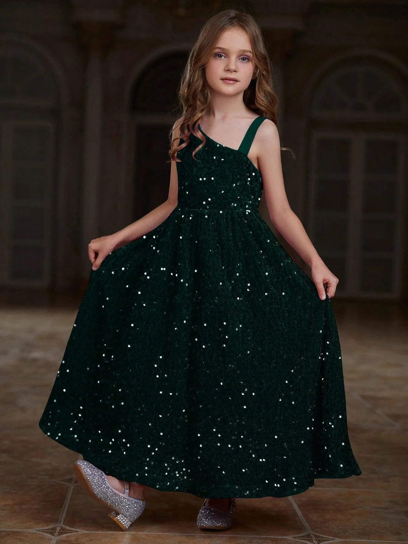 Tween Girls' Asymmetrical Neckline Sleeveless Sequin Party Dress - Elonnashop