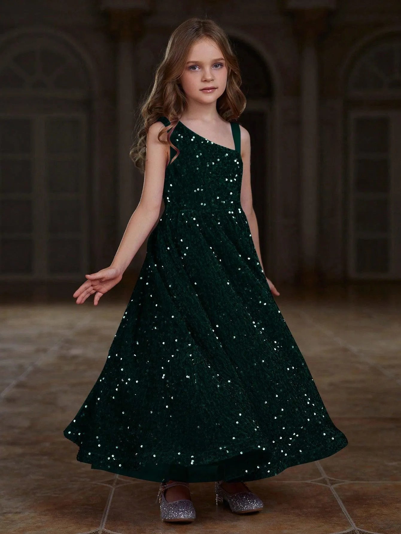 Tween Girls' Asymmetrical Neckline Sleeveless Sequin Party Dress - Elonnashop