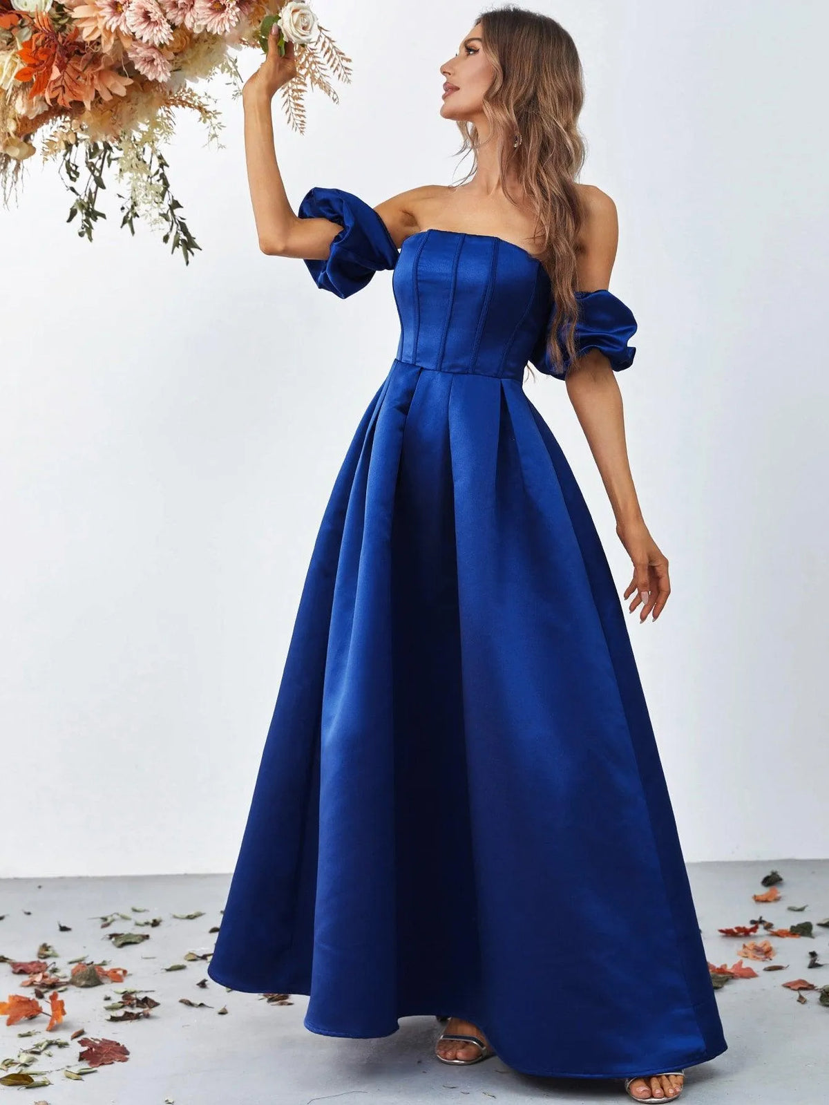 Off Shoulder Puff Sleeves Ruched Bust Fold Pleated Satin Gown - Elonnashop