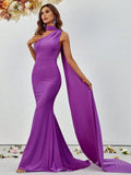 Elegant One Shoulder Ruched Draped Side Mermaid Party Dress - Elonnashop