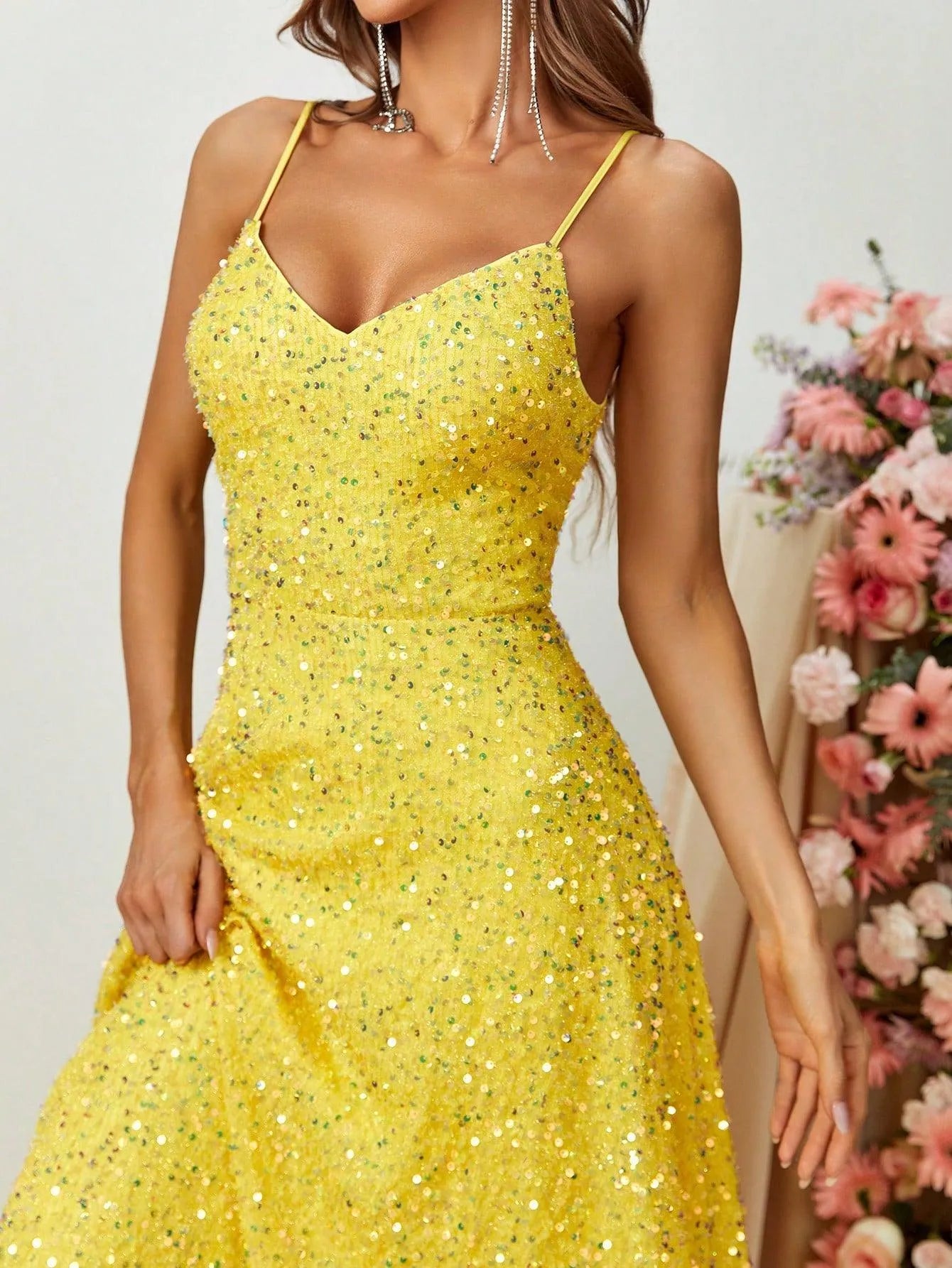 Elegant Spaghetti Strap Sequin A Line Dress - Elonnashop