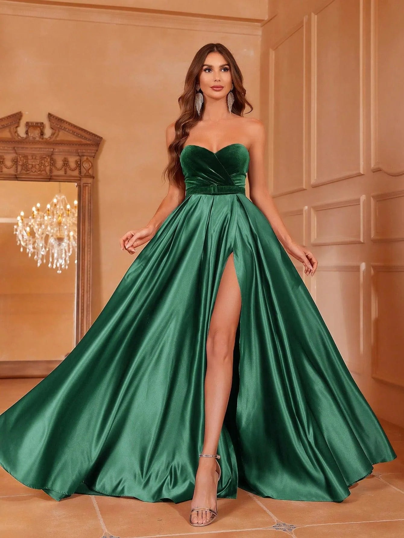 Velvet Bodice Contrast Satin Hem Tube Prom Dress - Elonnashop