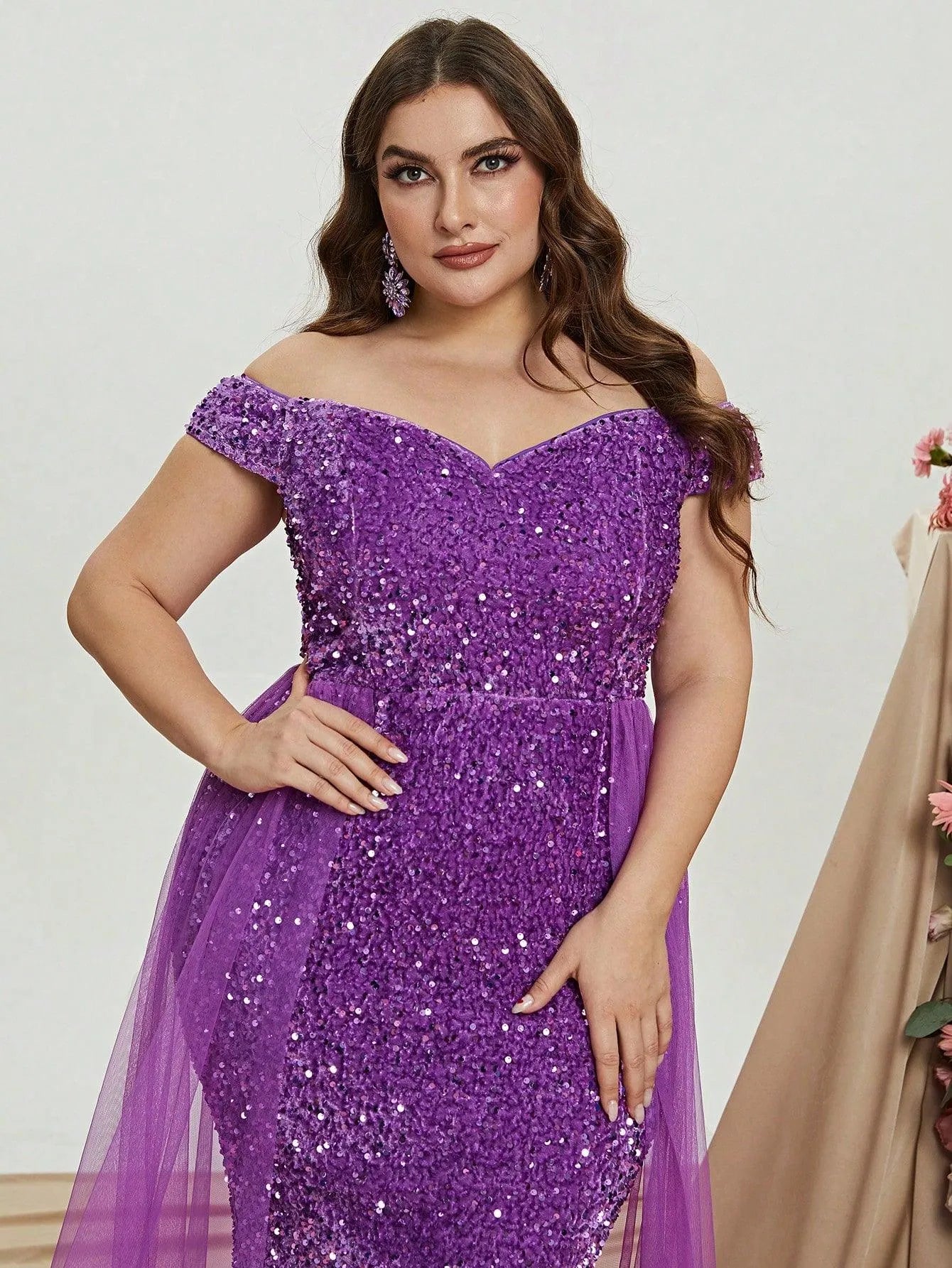 Plus Size Off Shoulder Mesh Layer on Waist Sequin Dresses - Elonnashop