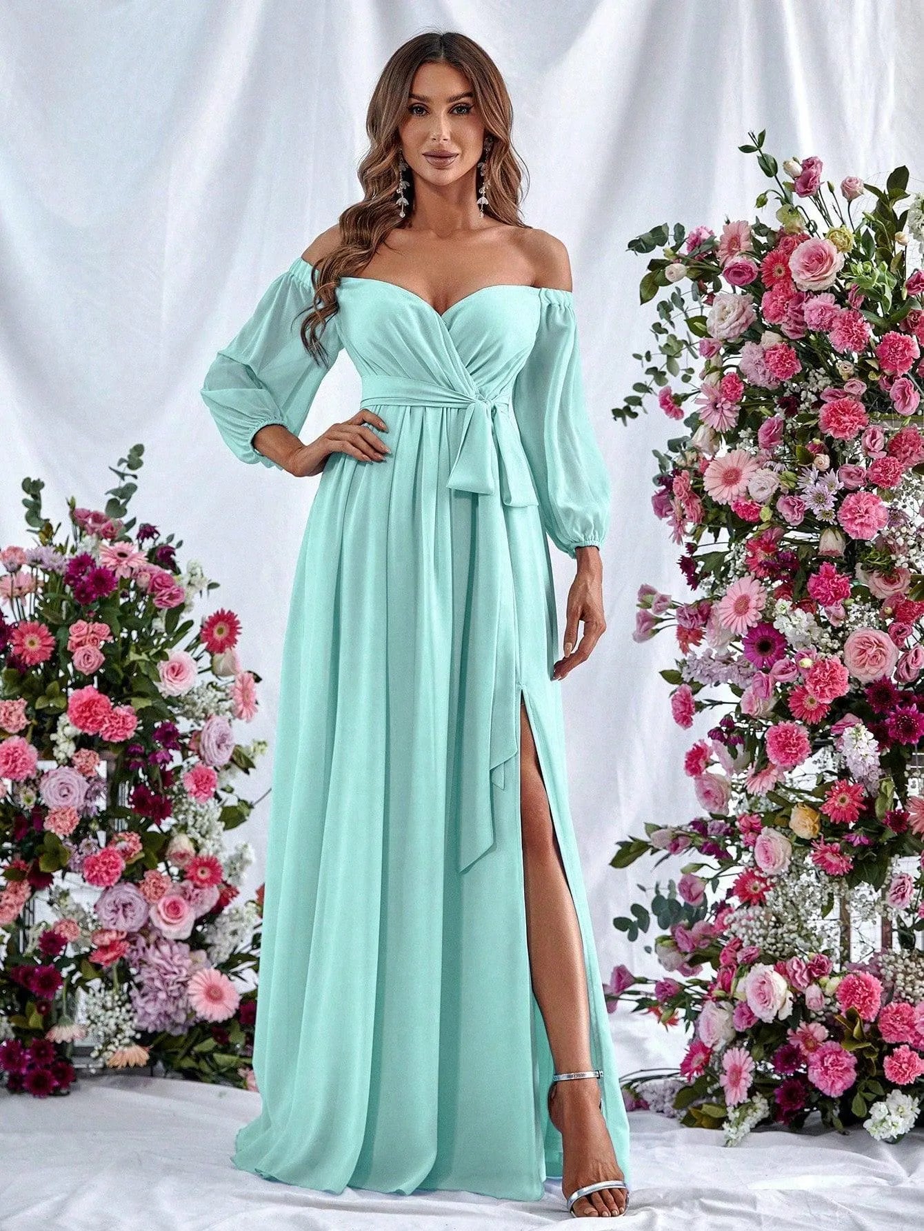 off shoulder split thigh dress Off Shoulder Split Thigh Belted Chiffon A Line Dress Elonnashop